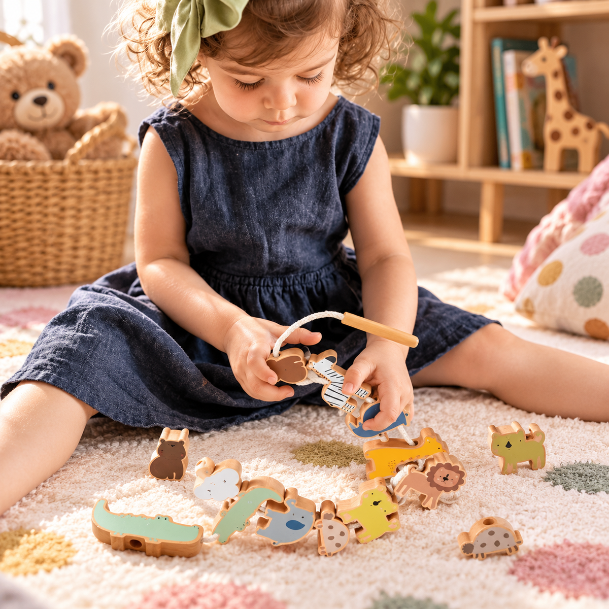 Montessori Fädelspiel Holz – Tiere & Dinosaurier
