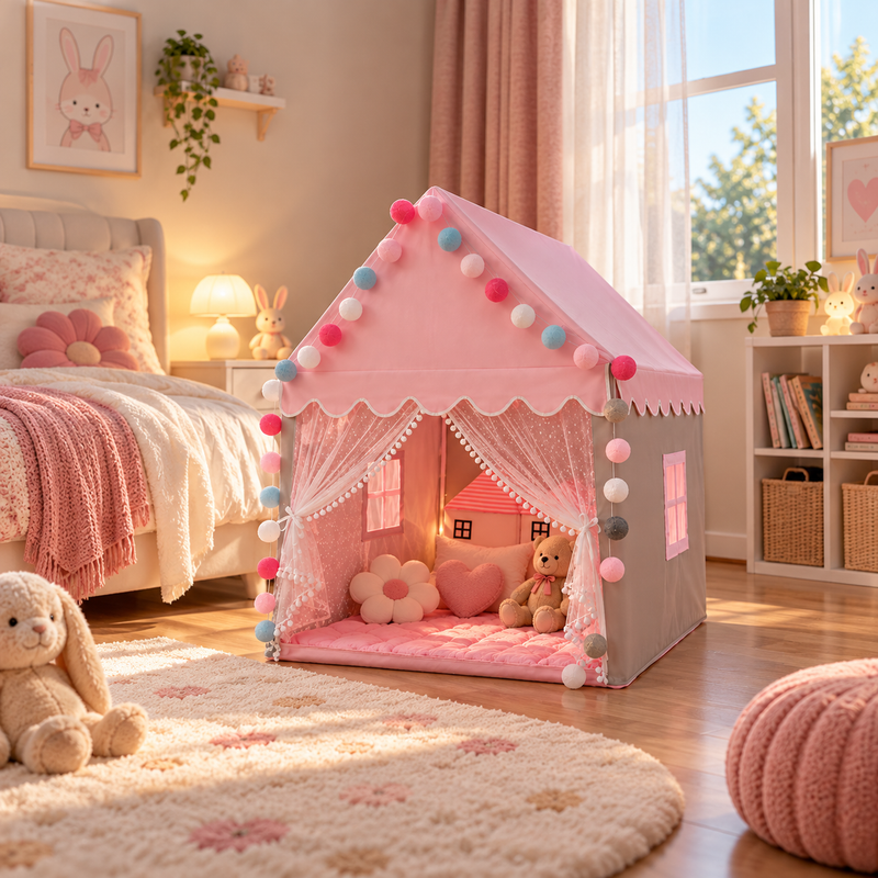 Faltbares Kinderzelt Prinzessin – Gelb, Rosa oder Blau – Spielhaus Indoor & Outdoor