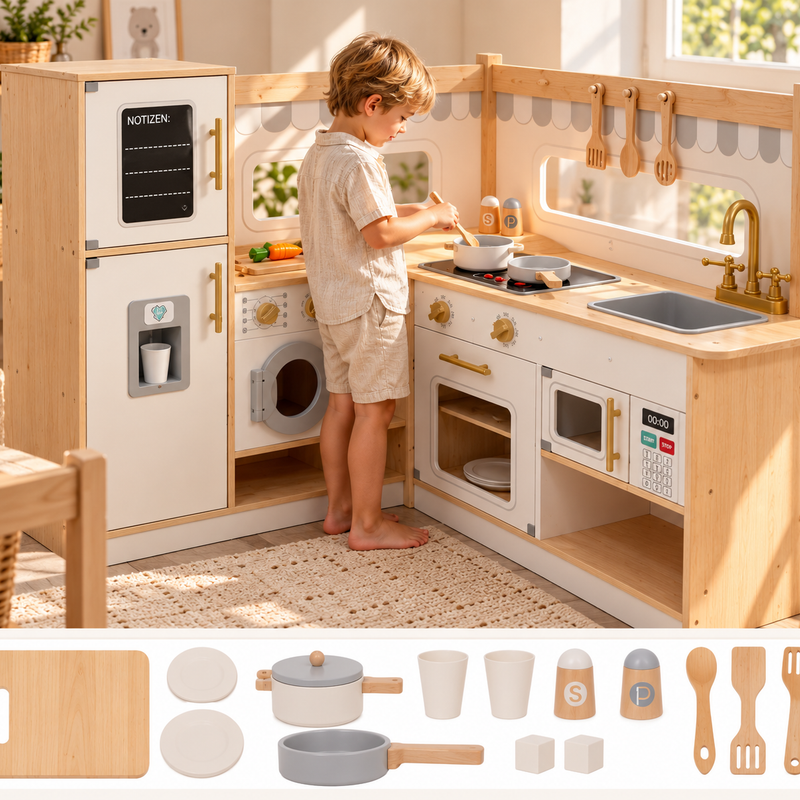Mamabrum Kinderküche Holz XXXL Eckküche – mit Licht, Sound, Eiswürfelspender & Zubehör