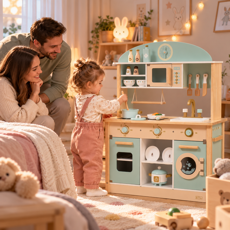 Robud Kinderküche Holz Eckküche 4 in 1 – Herd, Backofen, Kühlschrank & Waschmaschine, 30+ Teile