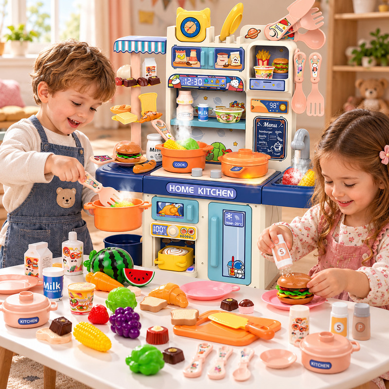Spielküche Kinder mit Dampf, Licht, Sound & echtem Wasser – Rosa, Rot, Grün oder Blau