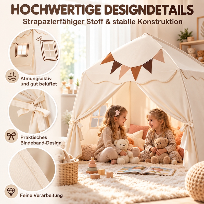 Großes Spielzelt Kinder Beige 157 × 98 × 148 cm – mit Lichterkette & Wimpeln, Indoor & Outdoor