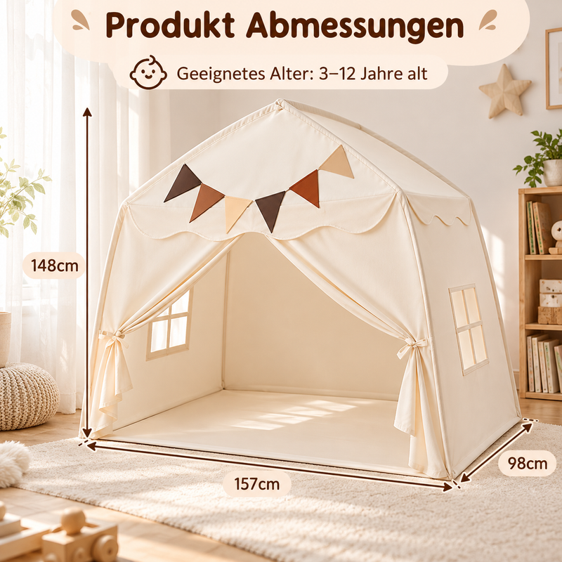 Großes Spielzelt Kinder Beige 157 × 98 × 148 cm – mit Lichterkette & Wimpeln, Indoor & Outdoor