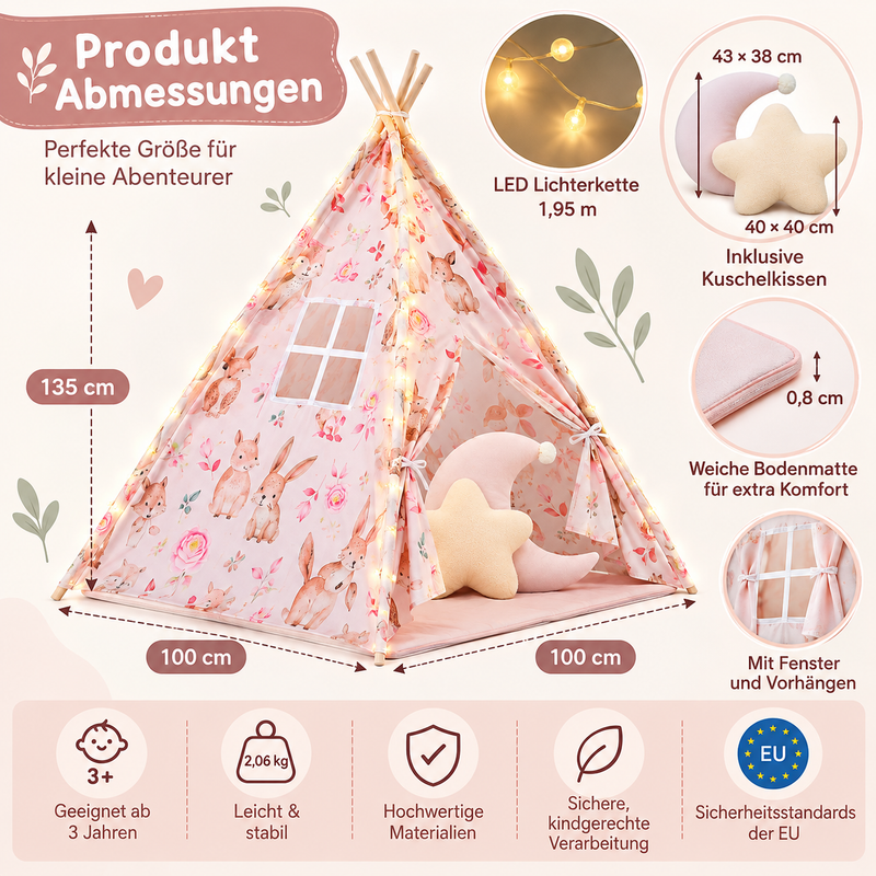Mamabrum Tipi Zelt Kinder XXL Rosa – Set mit Teppich, Kissen & LED Lichterkette