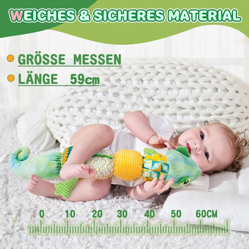 Baby Spielzeug Chamäleon mit Musik, Rassel, Knisterpapier & Beißring – Messlatte 50 cm