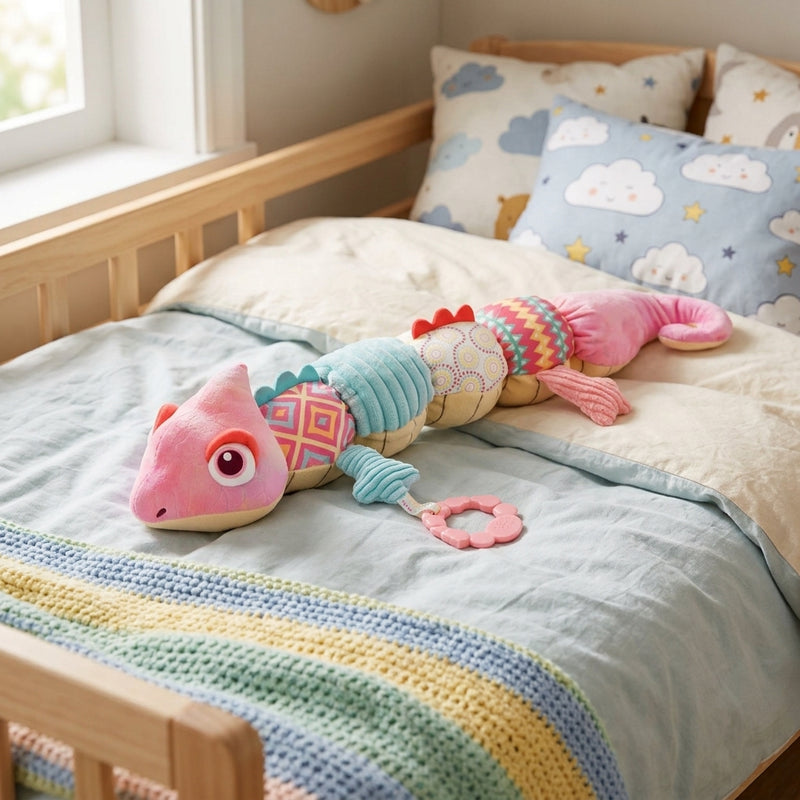 Baby Spielzeug Chamäleon mit Musik, Rassel, Knisterpapier & Beißring – Messlatte 50 cm