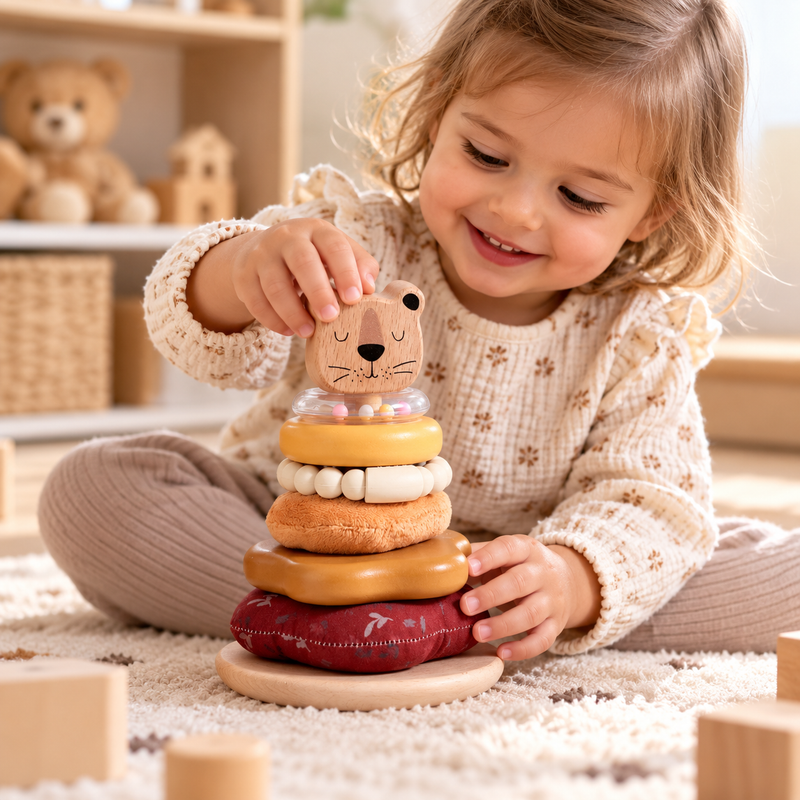 Stapelturm Baby mit Plüschtier und Beißring