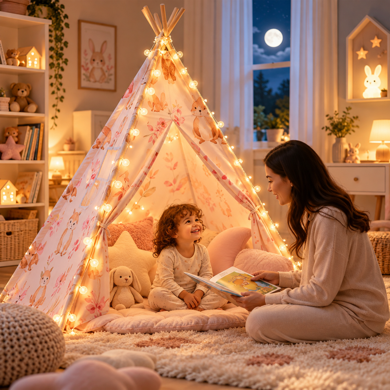 Mamabrum Tipi Zelt Kinder XXL Rosa – Set mit Teppich, Kissen & LED Lichterkette