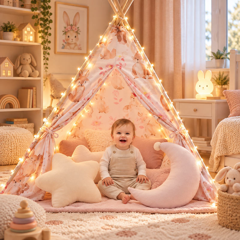 Mamabrum Tipi Zelt Kinder XXL Rosa – Set mit Teppich, Kissen & LED Lichterkette