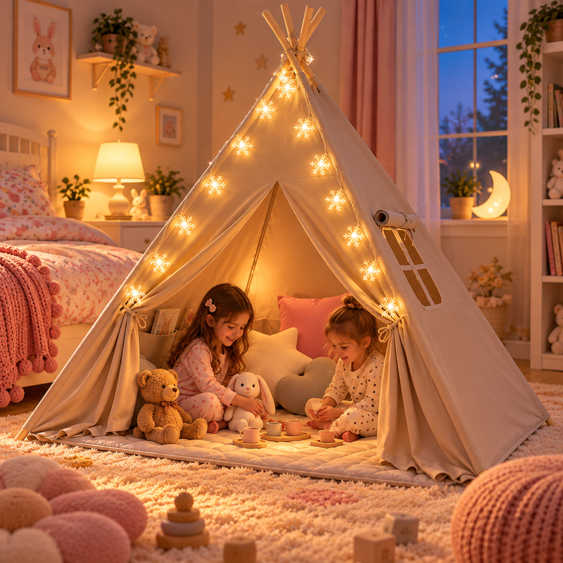 Tipi Zelt Kinder mit Matte, 3 Kissen & LED Sternen-Lichterkette – Khaki, 130 × 130 × 160 cm