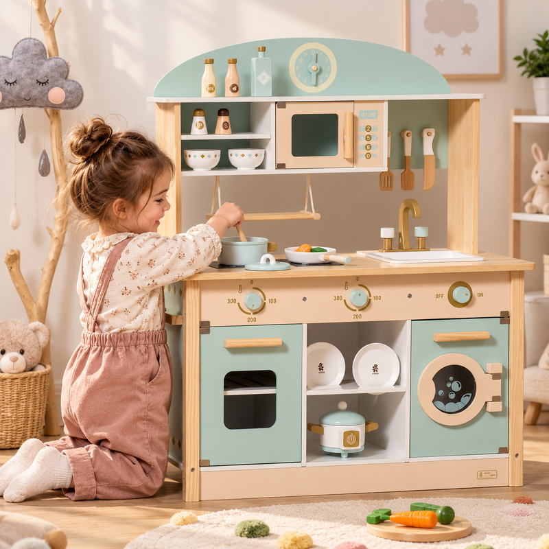 Robud Kinderküche Holz Eckküche 4 in 1 – Herd, Backofen, Kühlschrank & Waschmaschine, 30+ Teile