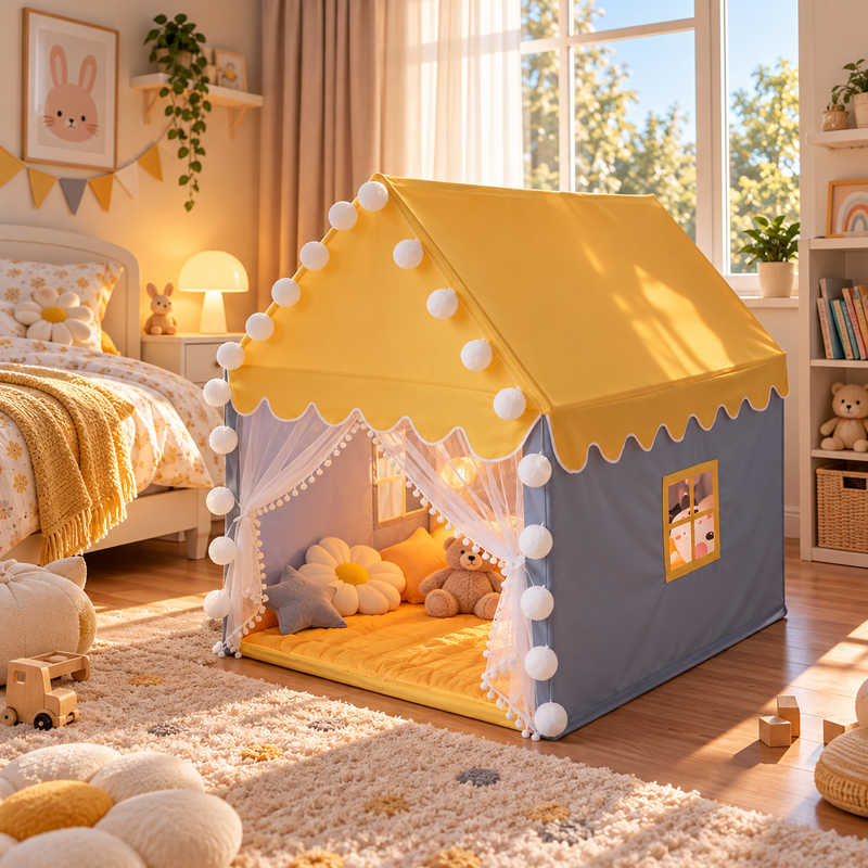Faltbares Kinderzelt Prinzessin – Gelb, Rosa oder Blau – Spielhaus Indoor & Outdoor
