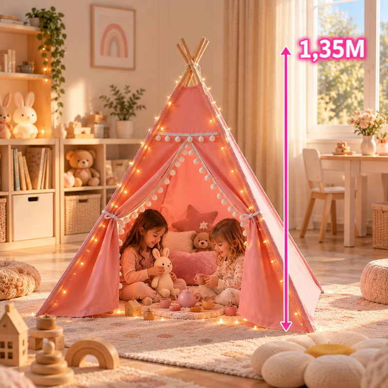 Tipi Zelt Kinder Rosa & Weiß – 1,35 m oder 1,6 m – Spielzelt mit Vorhang