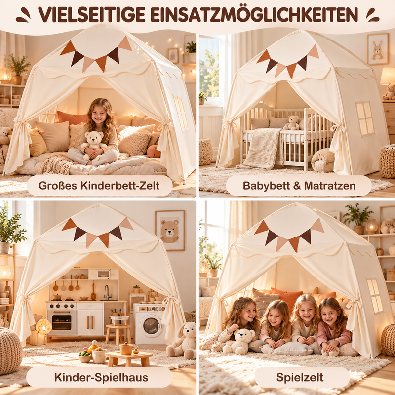 Großes Spielzelt Kinder Beige 157 × 98 × 148 cm – mit Lichterkette & Wimpeln, Indoor & Outdoor