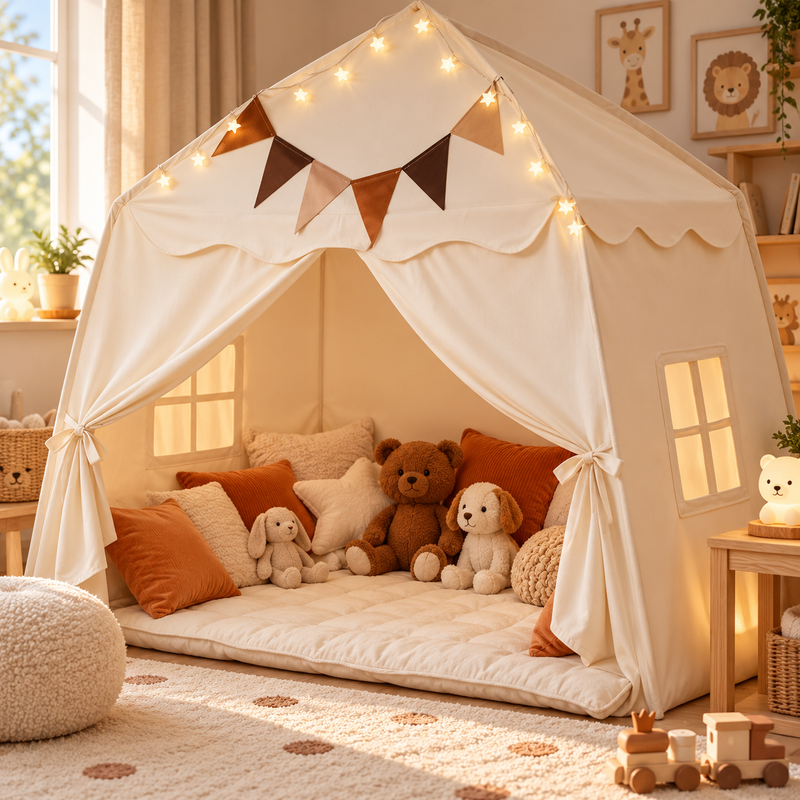 Großes Spielzelt Kinder Beige 157 × 98 × 148 cm – mit Lichterkette & Wimpeln, Indoor & Outdoor