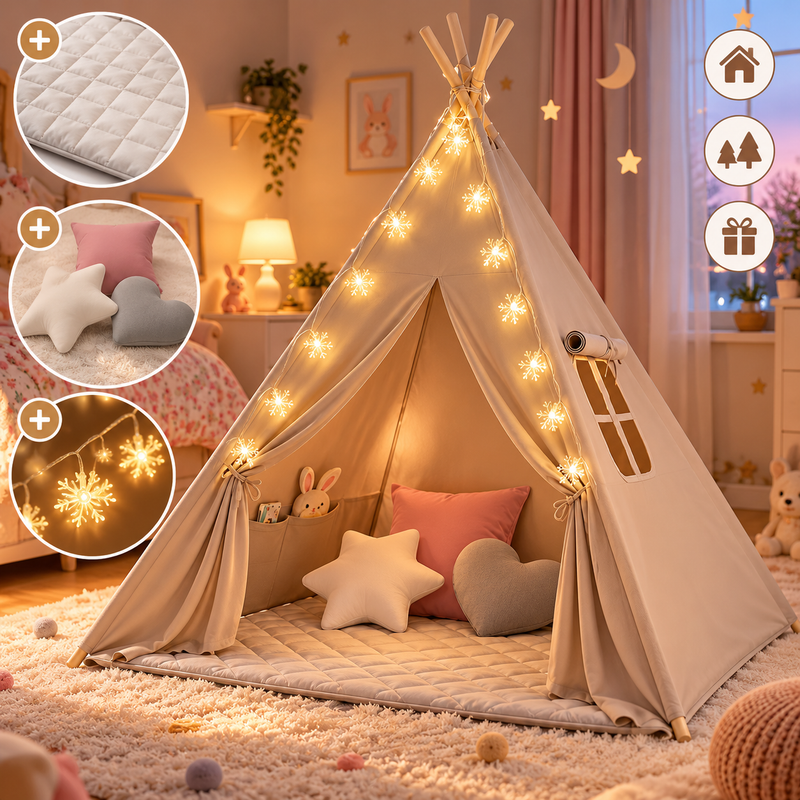 Tipi Zelt Kinder mit Matte, 3 Kissen & LED Sternen-Lichterkette – Khaki, 130 × 130 × 160 cm