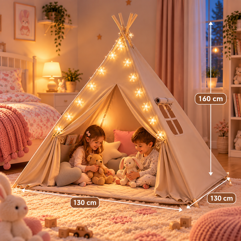 Tipi Zelt Kinder mit Matte, 3 Kissen & LED Sternen-Lichterkette – Khaki, 130 × 130 × 160 cm