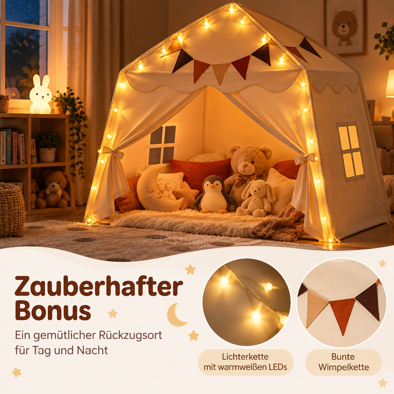 Großes Spielzelt Kinder Beige 157 × 98 × 148 cm – mit Lichterkette & Wimpeln, Indoor & Outdoor