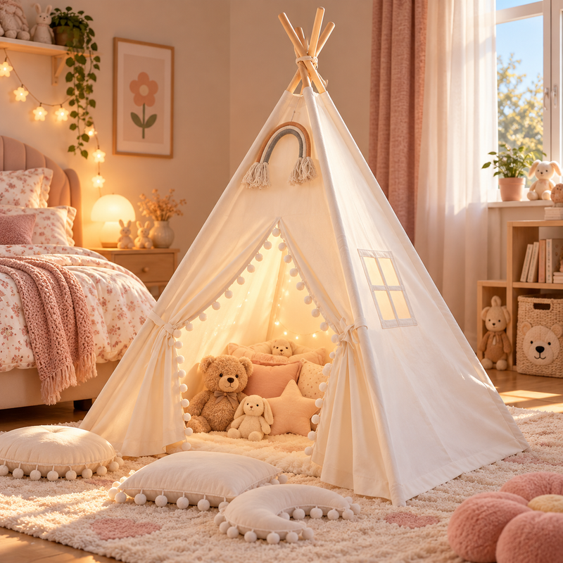 Tipi Zelt Kinder Rosa & Weiß – 1,35 m oder 1,6 m – Spielzelt mit Vorhang