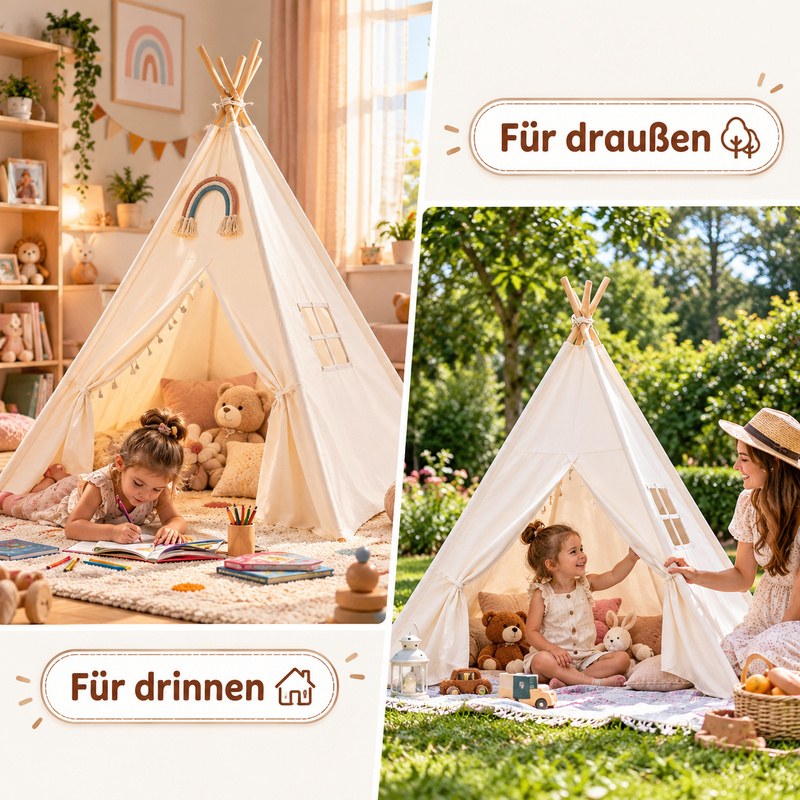 Tipi Zelt Kinder Rosa & Weiß – 1,35 m oder 1,6 m – Spielzelt mit Vorhang